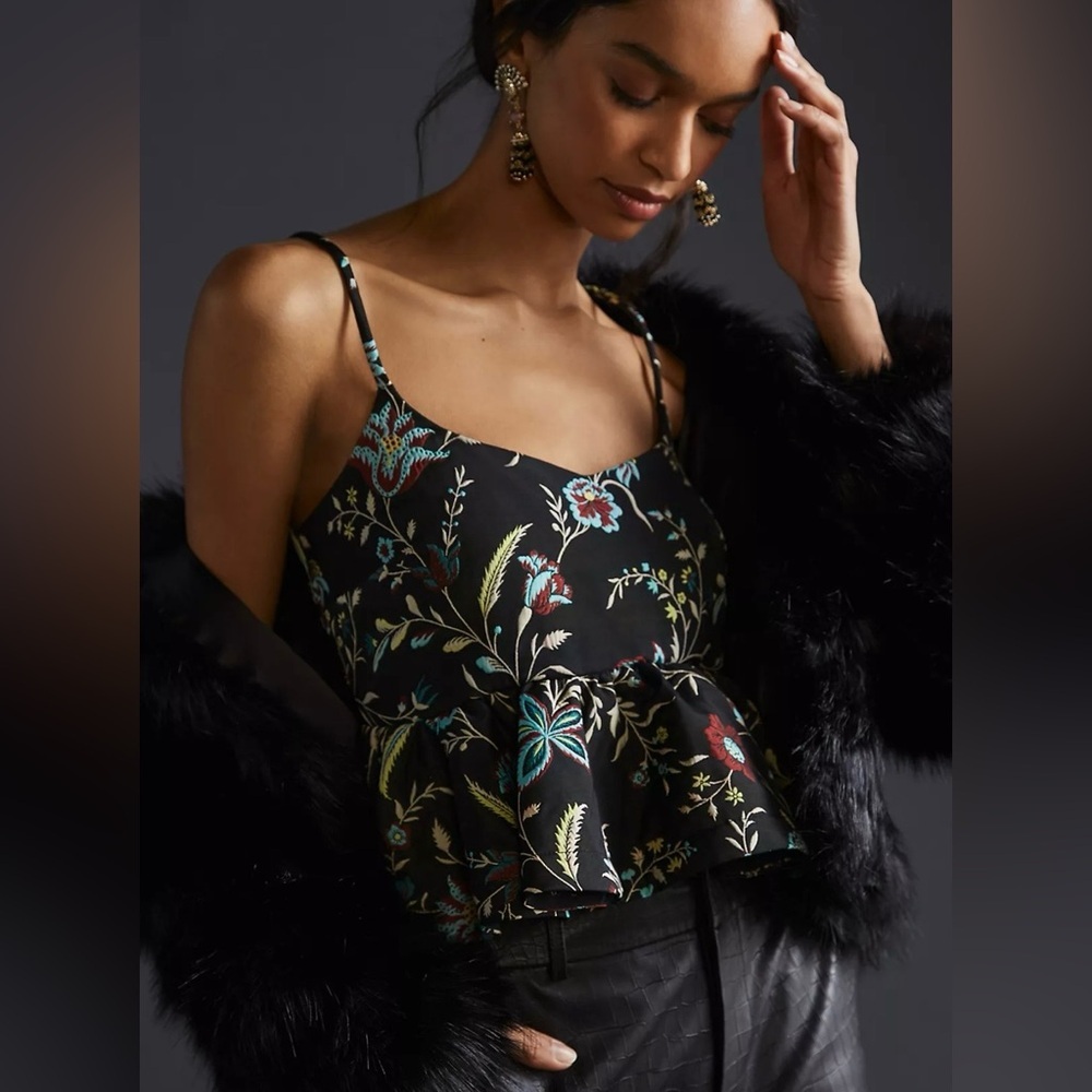 ANTHROPOLOGIE Jacquard Peplum Tank Top Floral Size Large